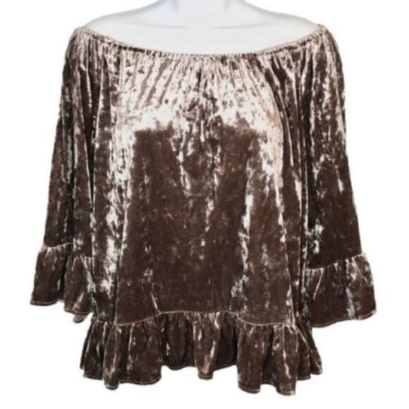 Neiman Marcus Sanctuary Crushed Off Shoulder Velvet Top Julia Ruffle Mink M NWT - Picture 6 of 11